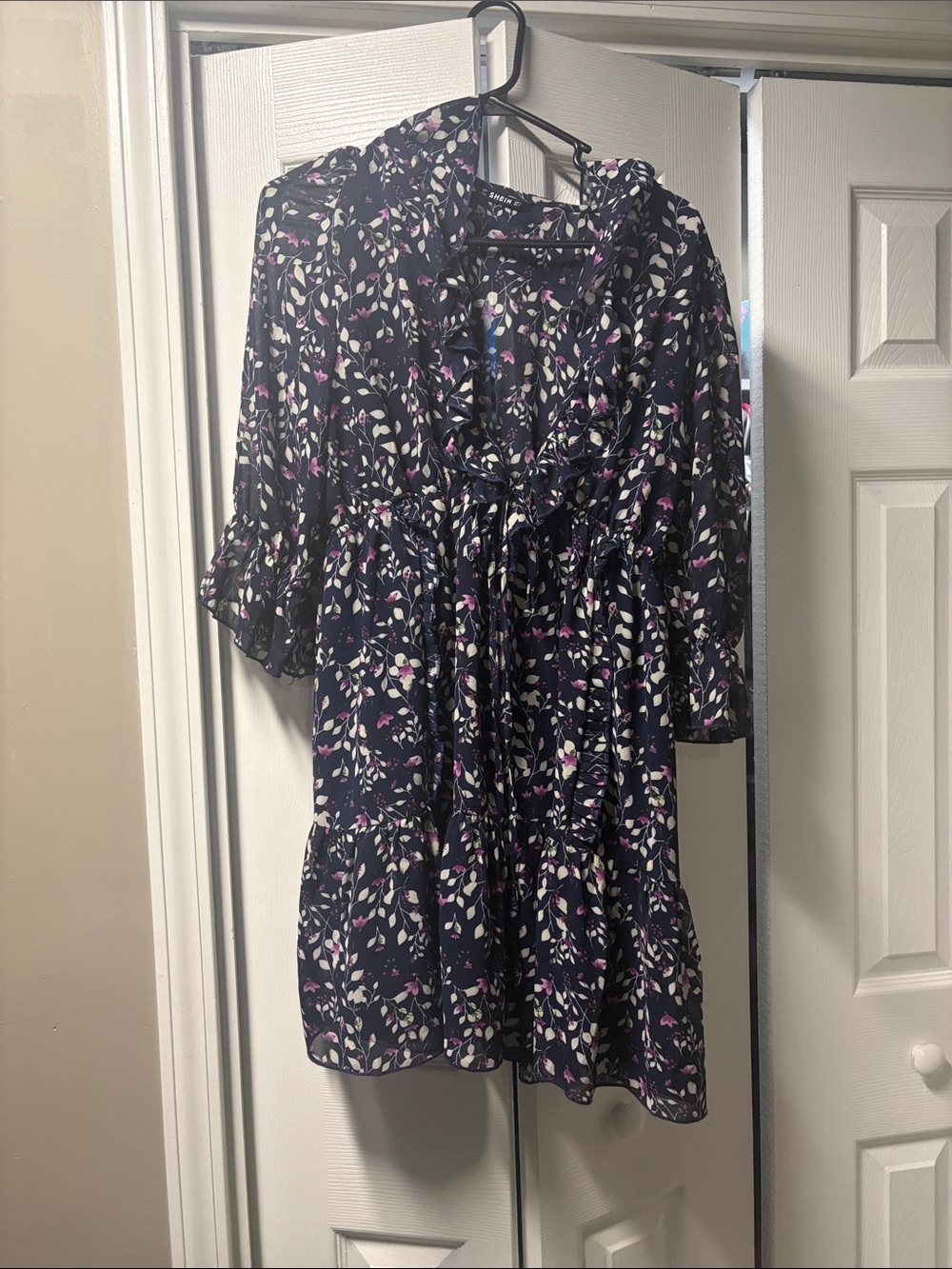 SHEIN Navy Floral Ruffled Midi Dress